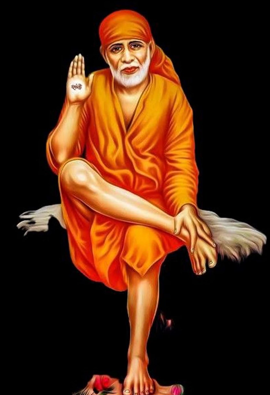 Shirdi Sai Baba seated, right hand raised in blessing